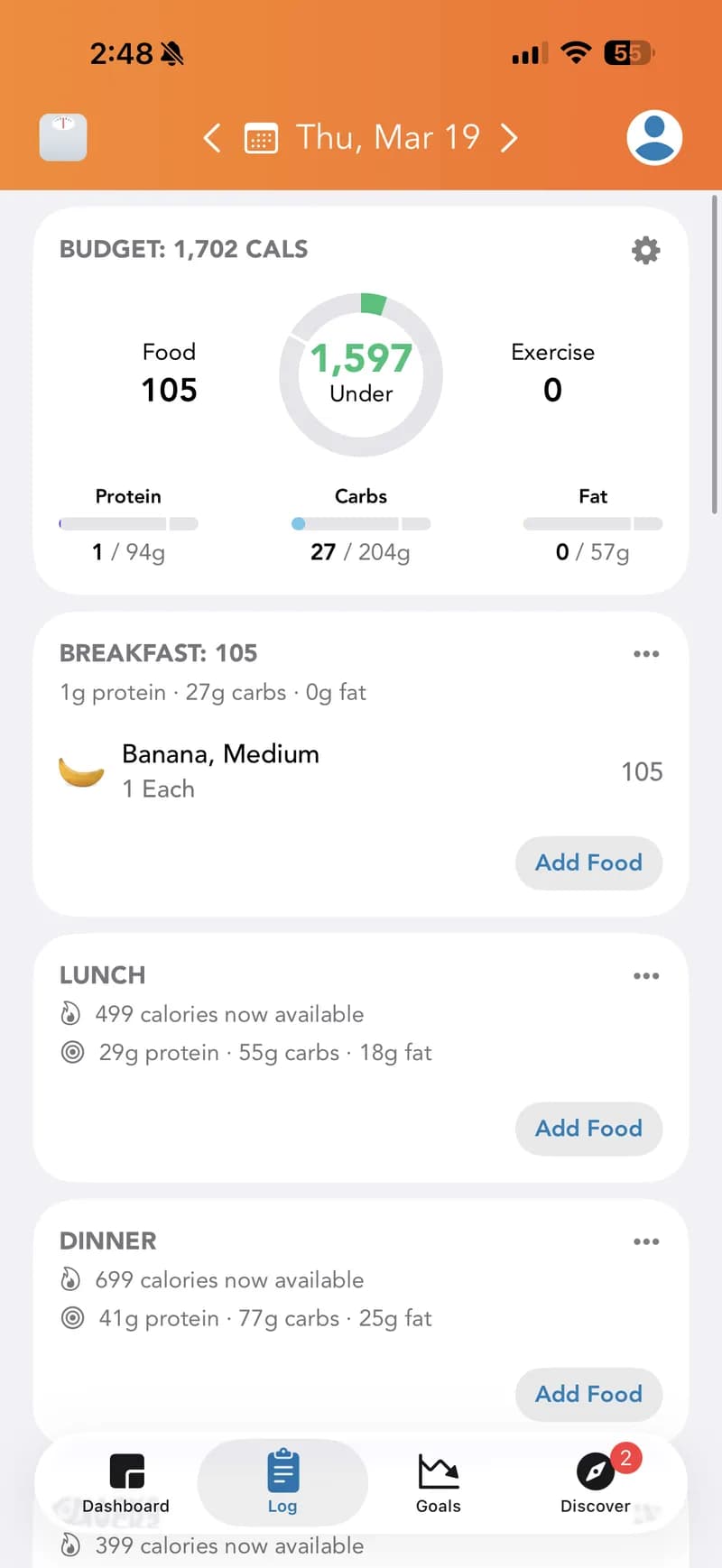 سجل طعام Lose It — خانات الإفطار/الغداء/العشاء/الوجبات الخفيفة مع خيارات تسجيل متعددة. الموز مسجل بـ ١٠٥ سعرة حرارية. واجهة نظيفة ومألوفة.