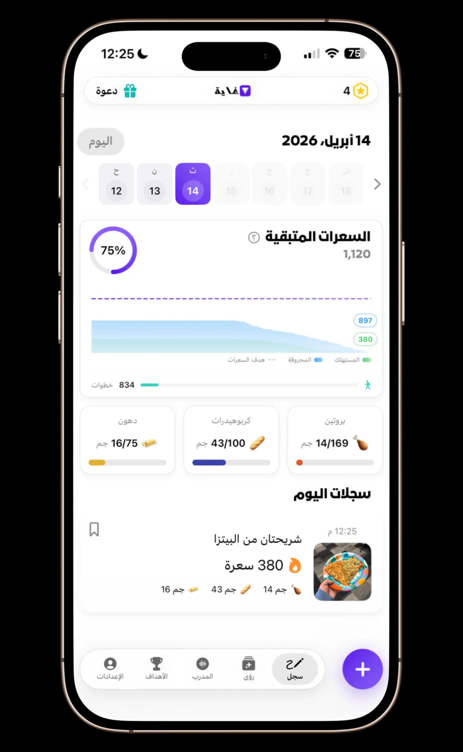 لوحة تحكم الماكروز تعرض السعرات والقيم الغذائية