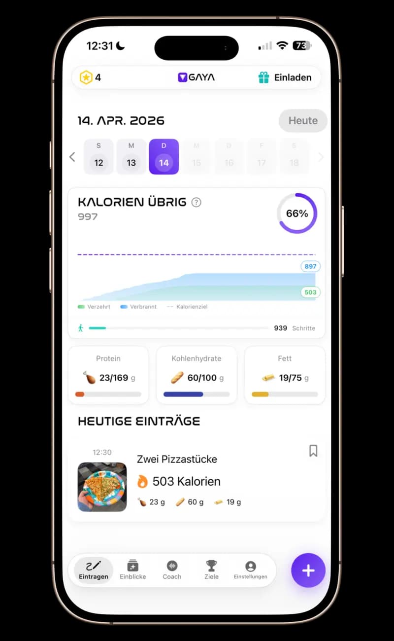 GAYA – Vollständiges Dashboard mit konsumierten vs. verbrannten Kalorien, Makro-Aufschlüsselung mit Fortschrittsbalken, Mahlzeitenverlauf mit Fotos und Schrittzähler.