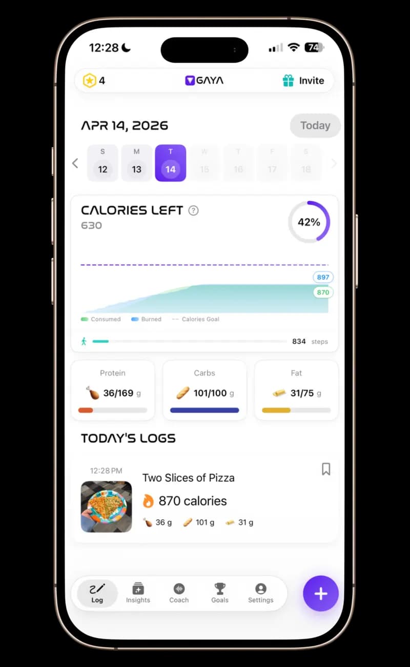 GAYA — Full dashboard with calories consumed vs. burned, macro breakdown with progress bars, meal history with photos, and step tracking.
