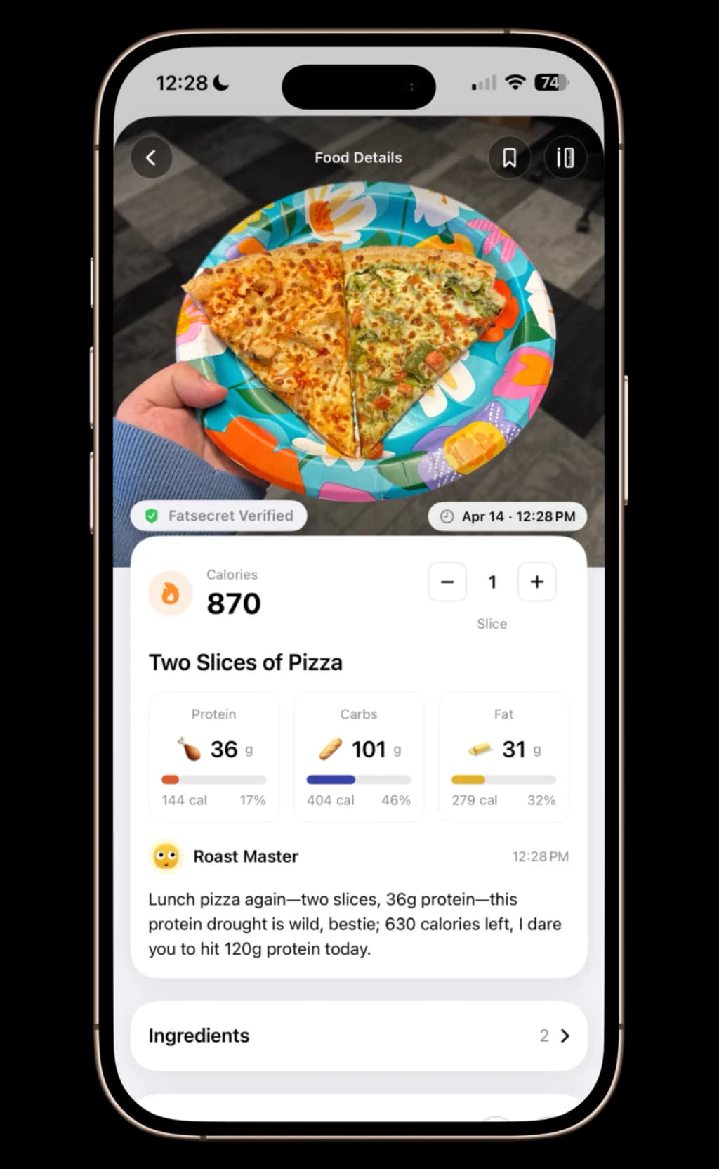 GAYA — Instant results with each ingredient identified, macro breakdown, and coach feedback in under 15 seconds.