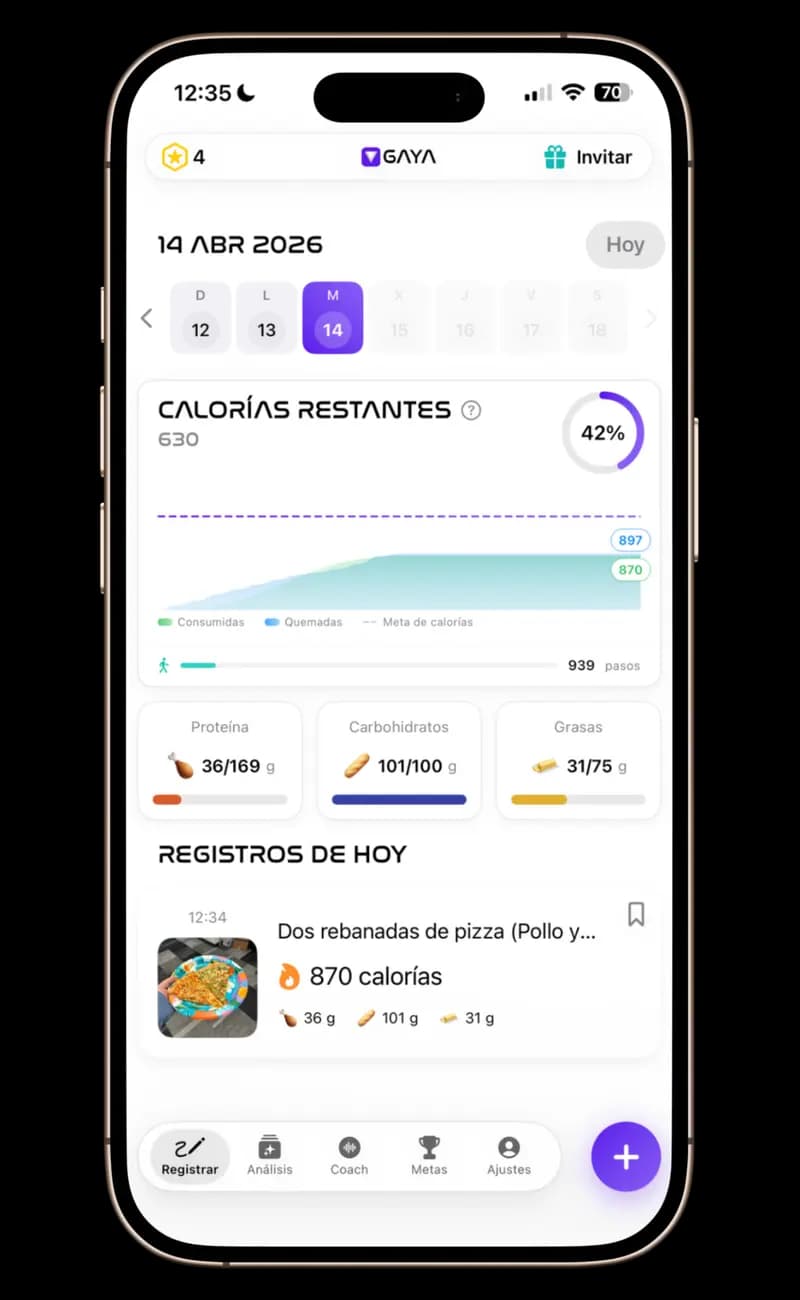 GAYA — Tablero completo con calorías consumidas vs. quemadas, desglose de macros con barras de progreso, historial de comidas con fotos y seguimiento de pasos. Tomas una foto y listo.