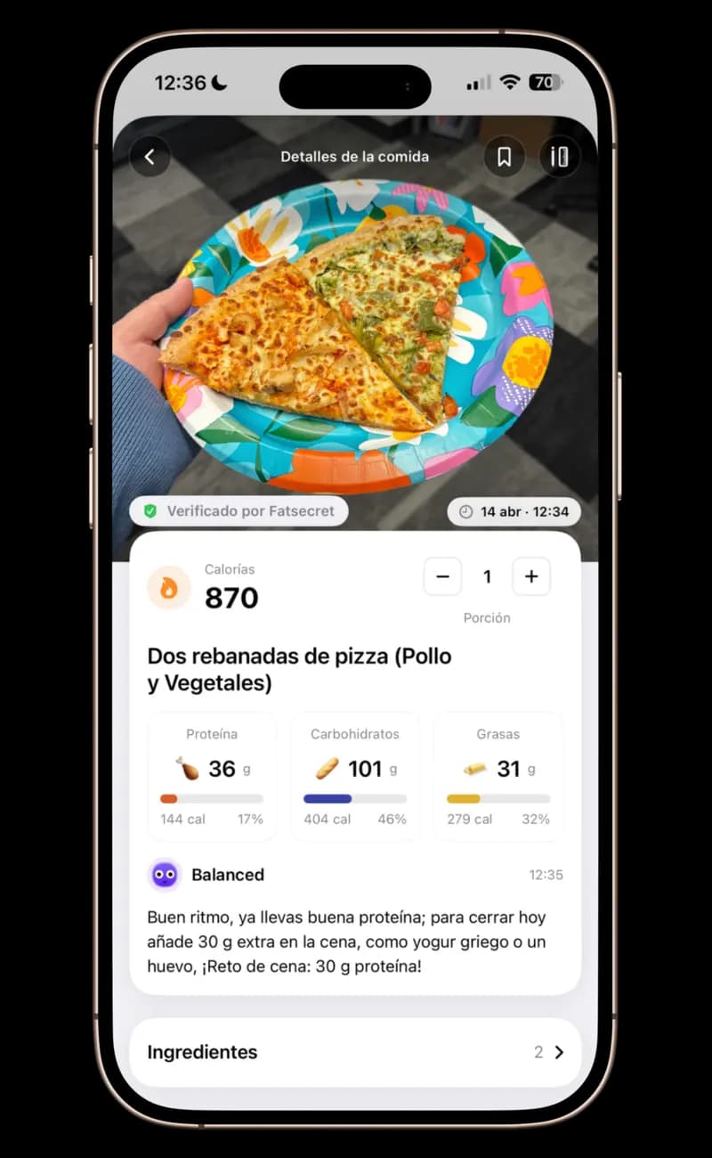 La aplicación GAYA mostrando el registro de fotos de comida con detección automática de calorías