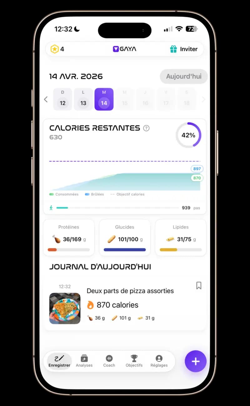 GAYA — Tableau de bord complet avec calories consommées vs brûlées, répartition des macros avec barres de progression, historique des repas avec photos et suivi des pas. Prenez une photo et c'est fini.