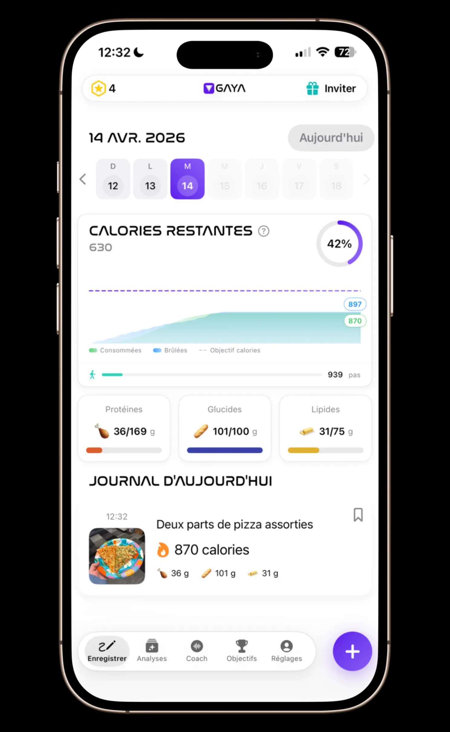 Tableau de bord de reconnaissance des macros montrant les calories et la répartition nutritionnelle