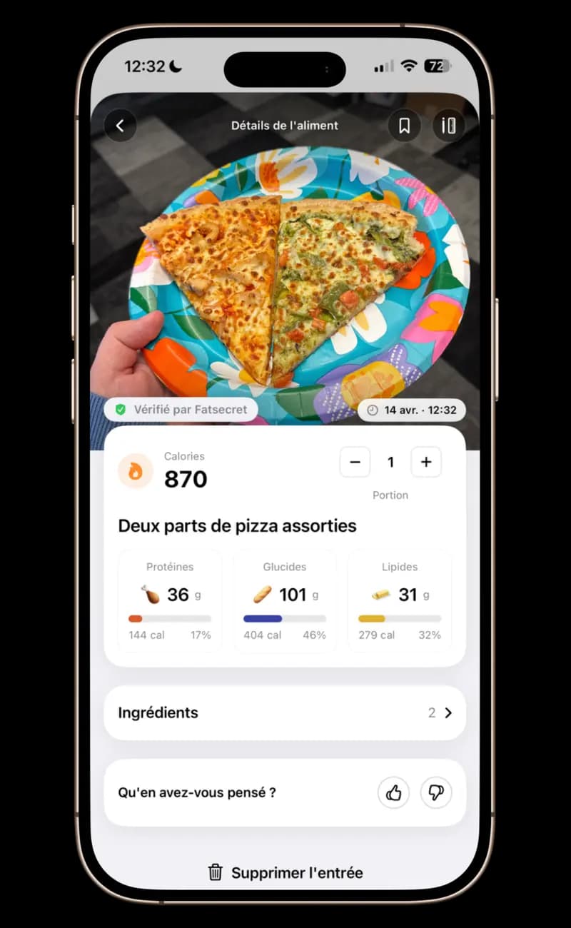 Application GAYA montrant l'enregistrement de photos de nourriture avec détection automatique des calories