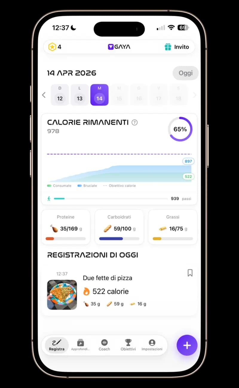 GAYA — Dashboard completa con calorie consumate vs. bruciate, scomposizione dei macro con barre di avanzamento, cronologia dei pasti con foto e monitoraggio dei passi.