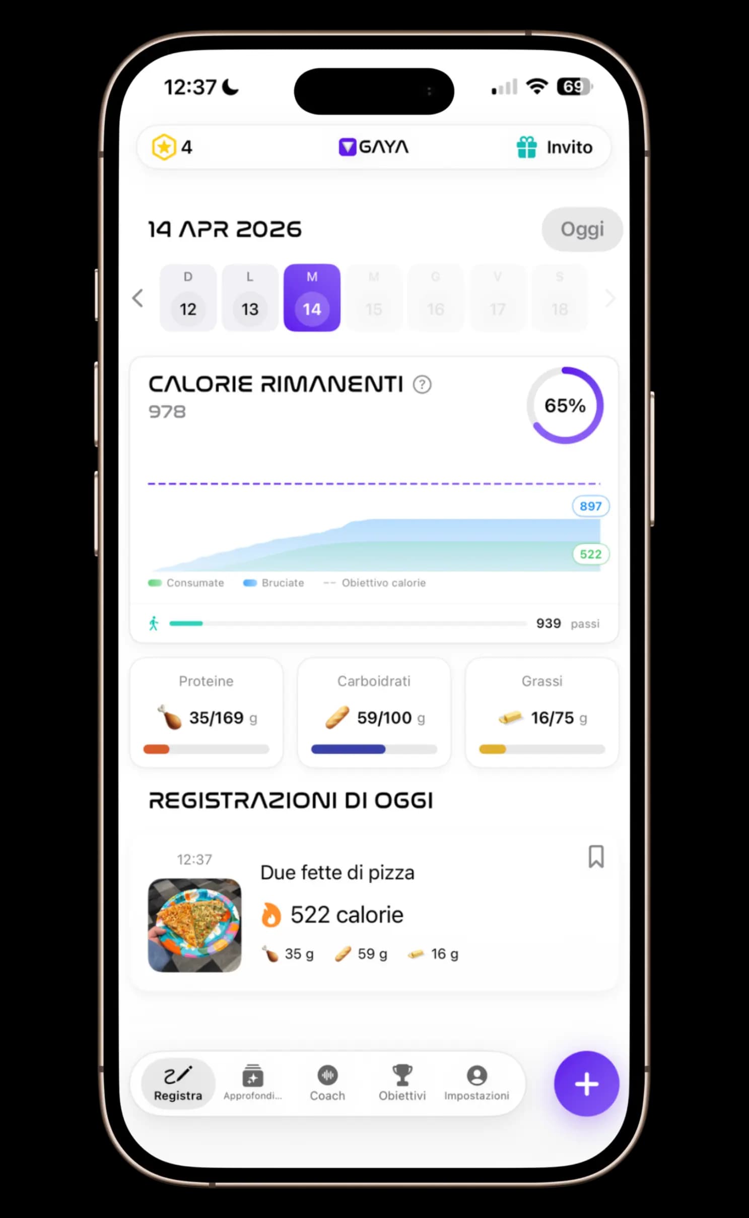 Dashboard di riconoscimento dei macro che mostra le calorie e la ripartizione nutrizionale