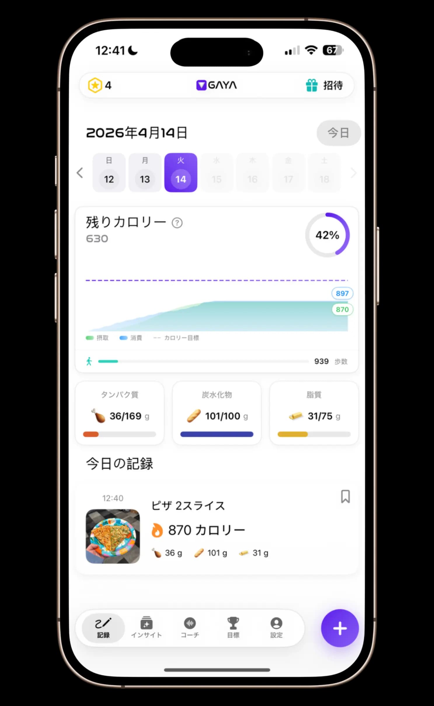 カロリーと栄養素の内訳を表示するマクロ認識ダッシュボード