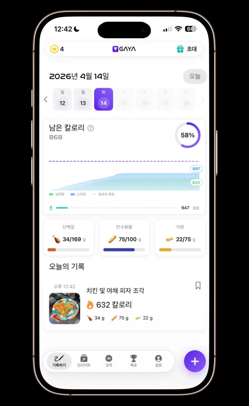 GAYA — 섭취 칼로리 대 소모 칼로리, 진행 바가 포함된 매크로 분석, 사진이 포함된 식사 기록, 걸음 수 추적 기능이 포함된 전체 대시보드입니다.