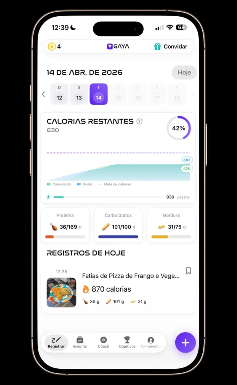 GAYA — Painel completo com calorias consumidas vs. queimadas, detalhamento de macros com barras de progresso, histórico de refeições com fotos e rastreamento de passos. Tire uma foto e pronto.