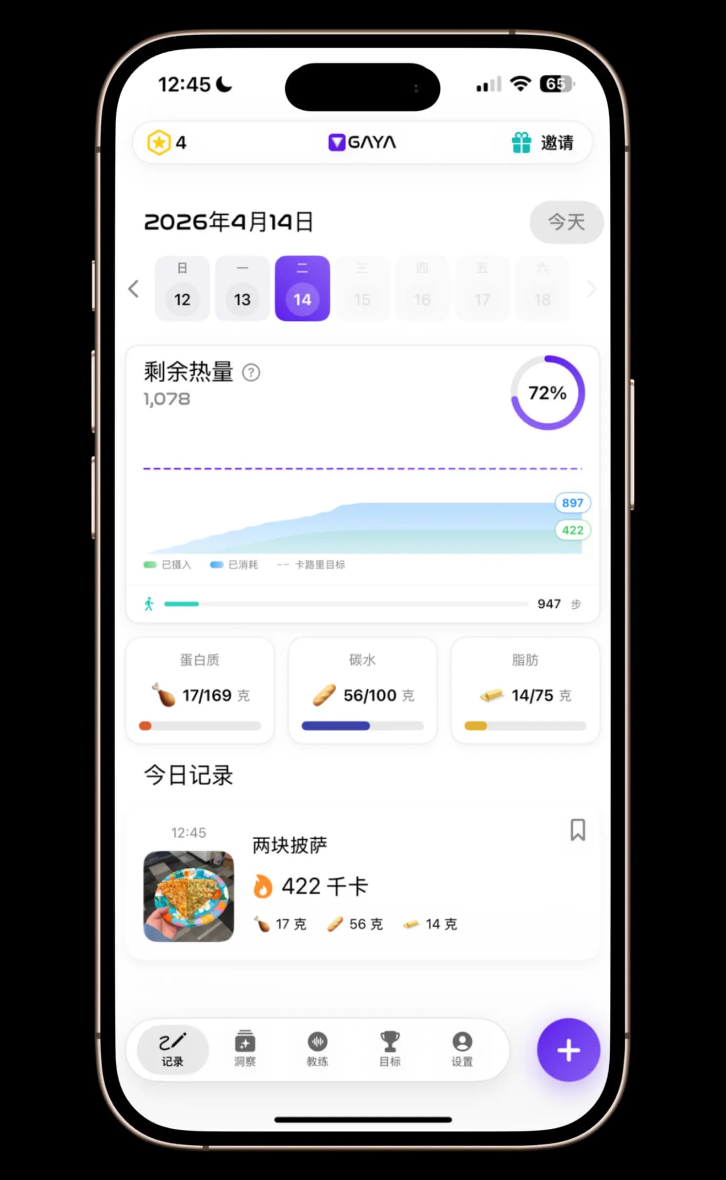 顯示卡路里和營養成分明細的宏量營養素識別儀表板