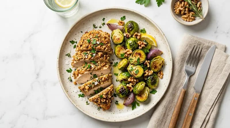 Pollo in Crosta di Noci con Cavoletti di Bruxelles