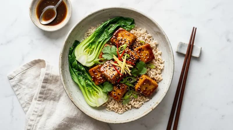 Tofu au four avec glaçage gingembre-soja et bok choy