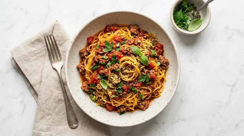 Courge spaghetti à la marinara et bœuf haché
