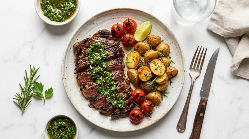 Steak grillé avec chimichurri et pommes de terre rôties