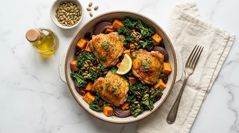Cuisses de poulet rôties avec patate douce et chou kale