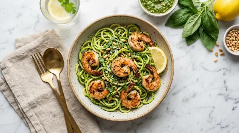 Nouilles de courgettes au pesto et crevettes grillées