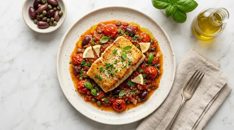 Cabillaud poêlé avec sauce tomate méditerranéenne