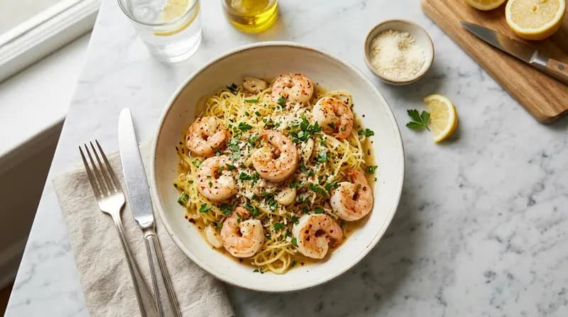 Gamberi all'Aglio con Zucca Spaghetti