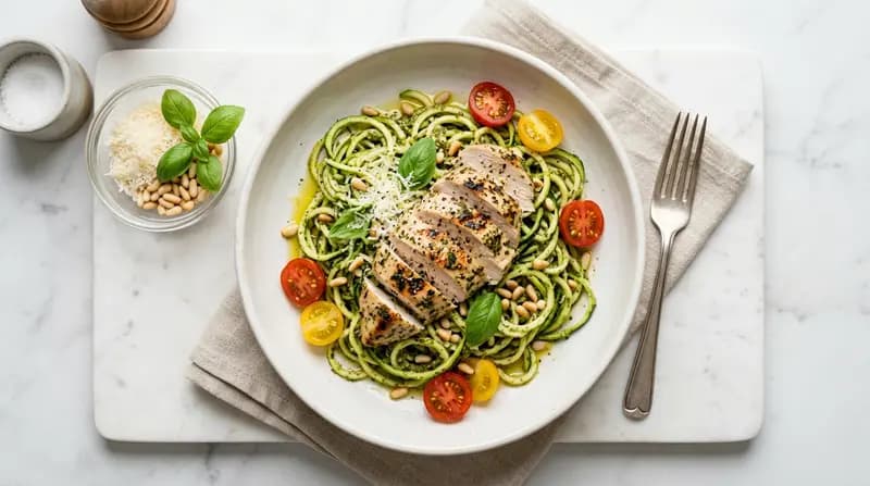 Nouilles de courgettes au pesto et poulet grillé