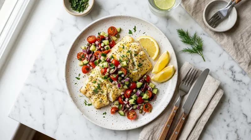 Merluzzo al Forno con Salsa Mediterranea