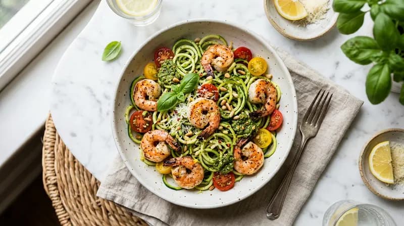 Nouilles de courgettes au pesto et crevettes
