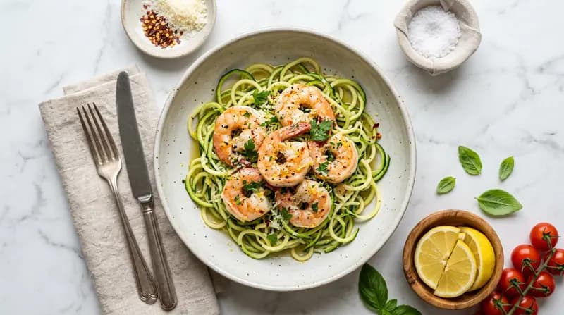 Gamberi all'aglio con spaghetti di zucchine