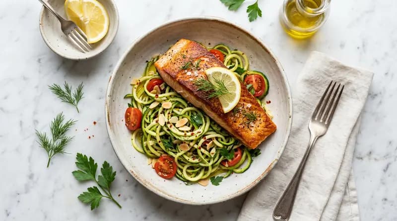 Salmone Scottato in Padella con Spaghetti di Zucchine