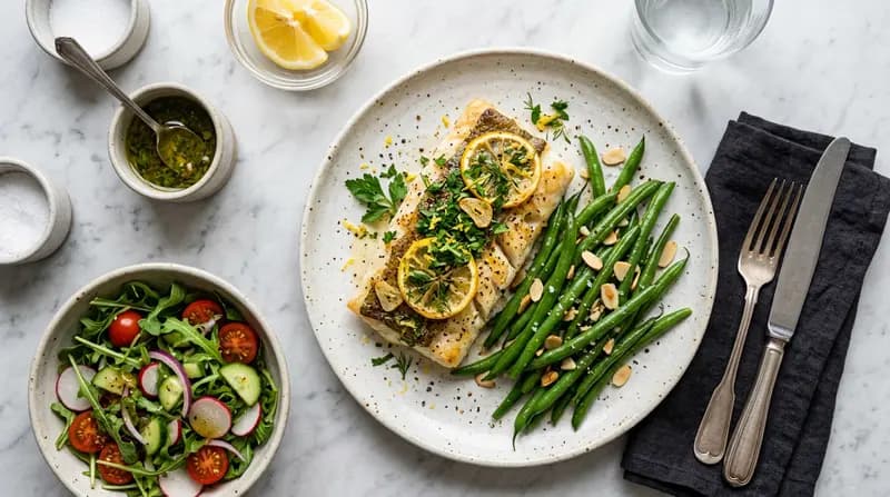 Merluzzo al Forno con Fagiolini al Limone e Aglio
