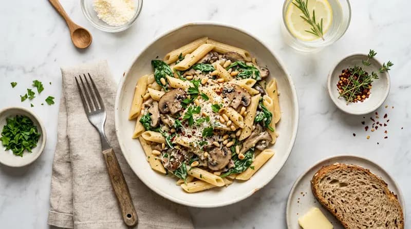 Pasta Cremosa con Funghi e Spinaci