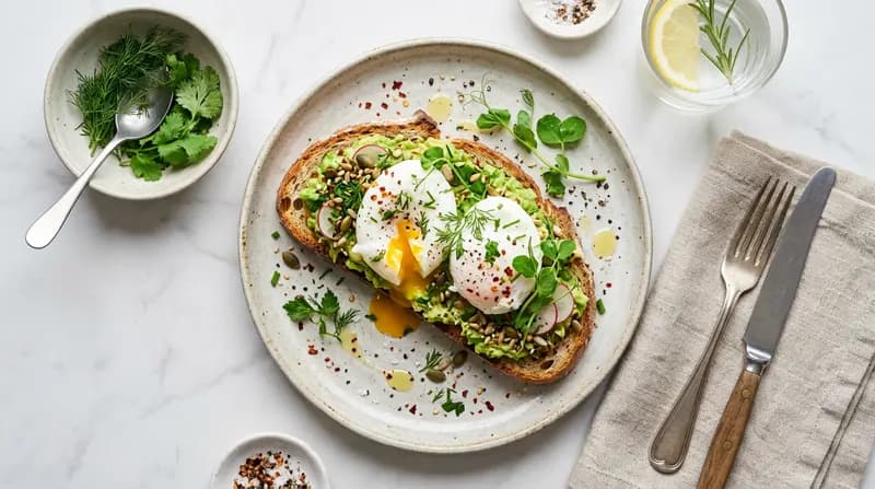 Tartine de pain au levain, avocat et œuf poché