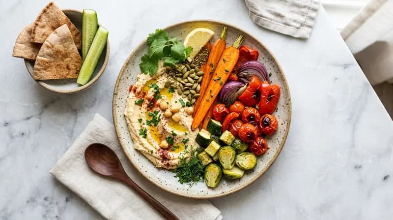 Piatto di verdure arrostite e hummus