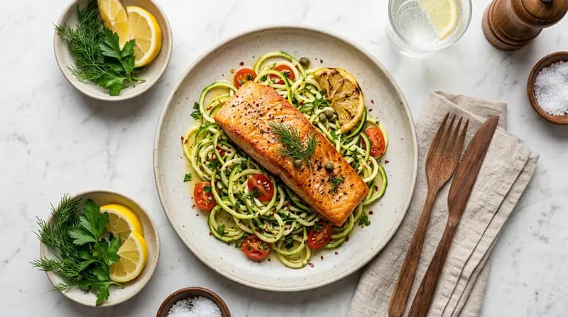 サーモンのソテーとズッキーニヌードル