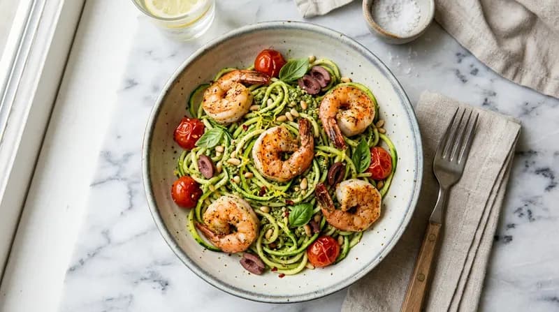 Nouilles de courgettes au pesto et crevettes