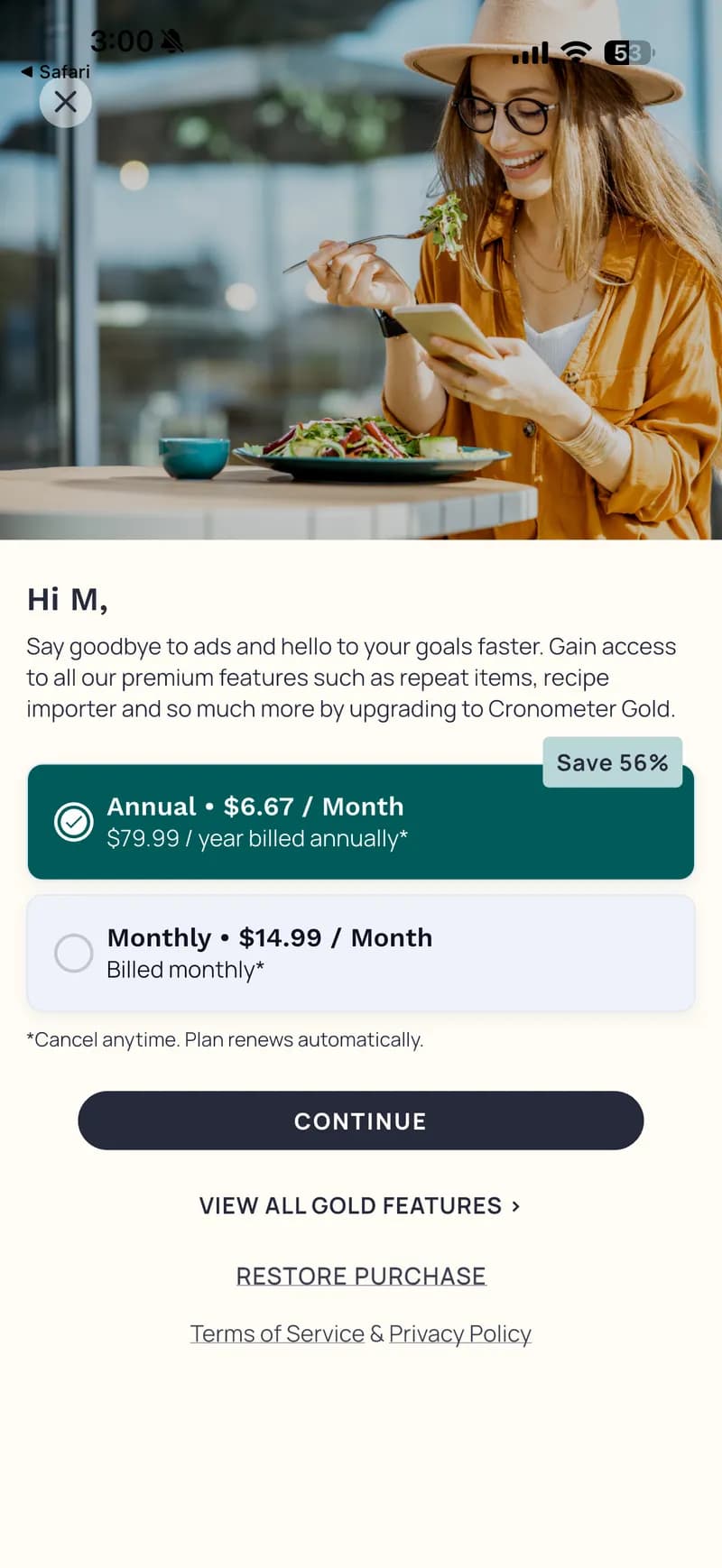 نسخة Cronometer Gold بسعر ٥٩.٩٩ دولاراً في السنة - تفتح ميزات سجل الصور، مستورد الوصفات، مؤقت الصيام، وتجربة خالية من الإعلانات.