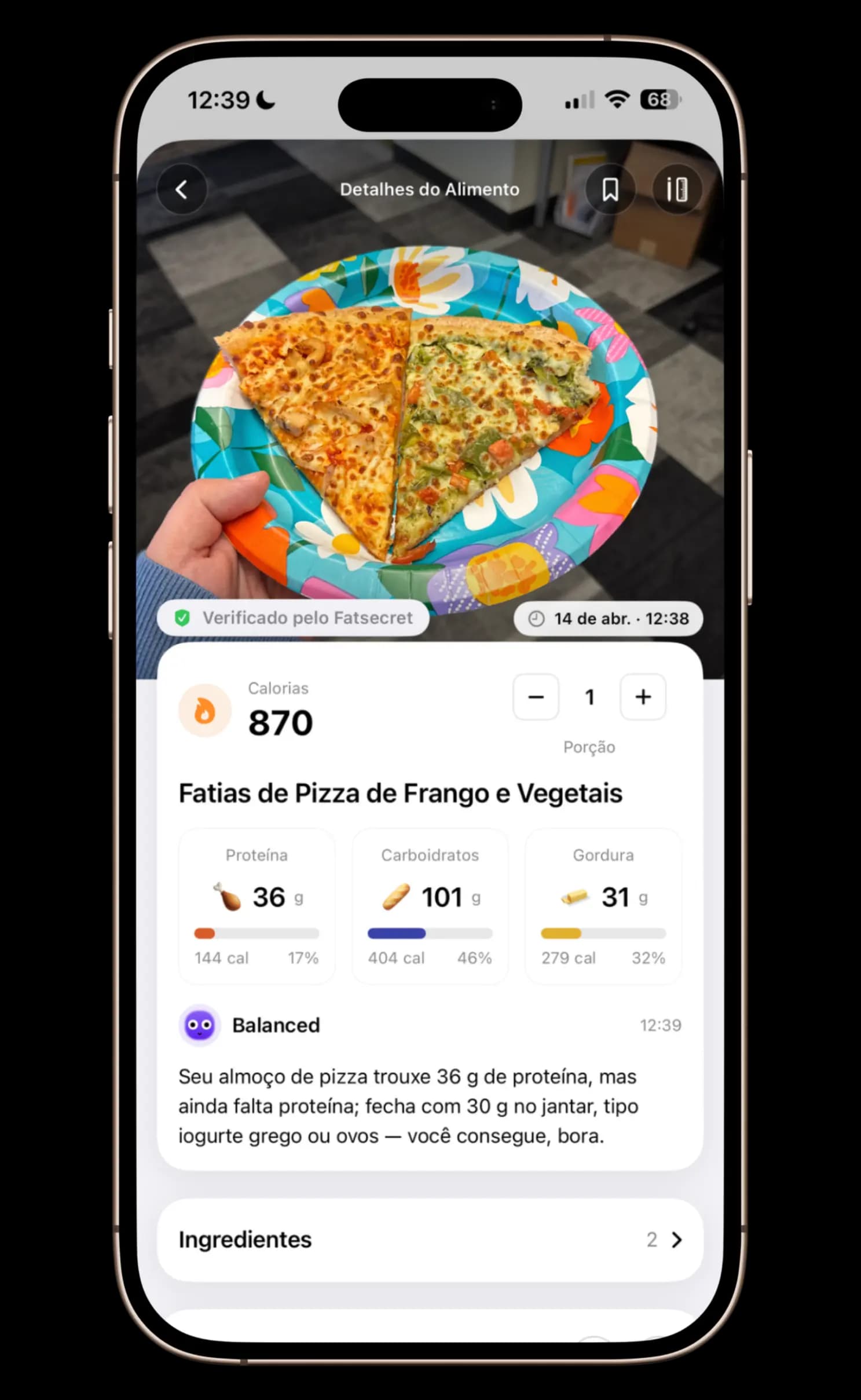 App de monitoramento de comida por foto detectando ingredientes de uma foto de refeição
