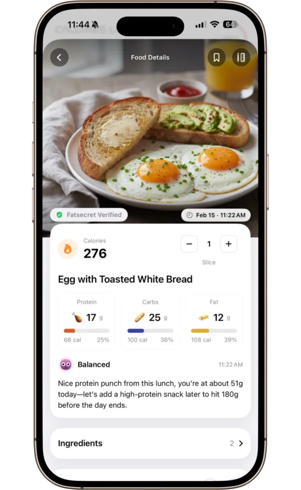GAYA app showing food photo logging with automatic calorie detection