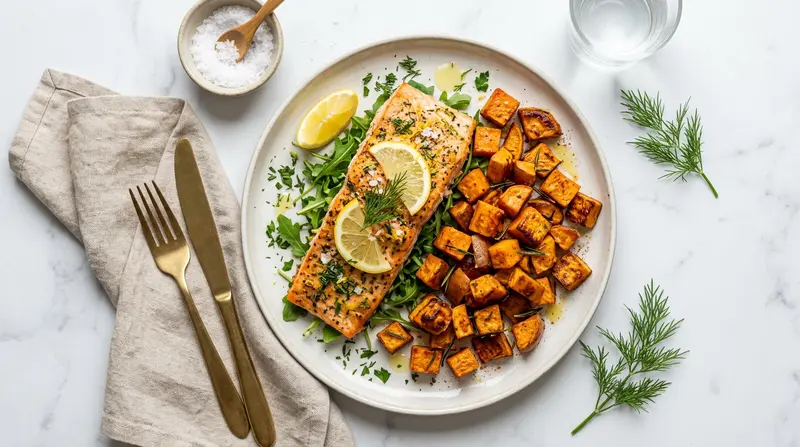 Baked Salmon with Roasted Sweet Potato