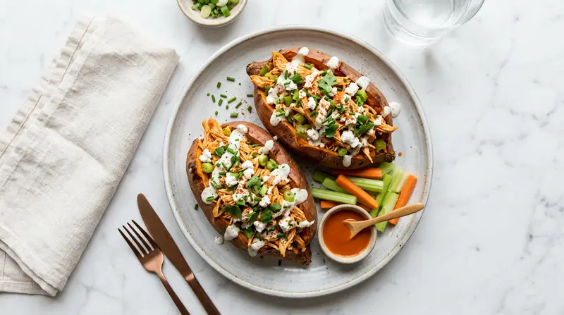 Buffalo Chicken Stuffed Sweet Potatoes